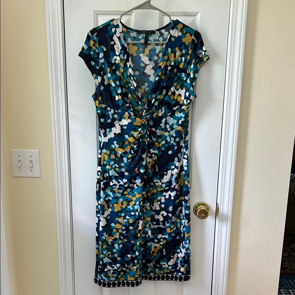 BCBGMaxAzria Blue and Yellow Flutter Sleeve Laila Dress size M